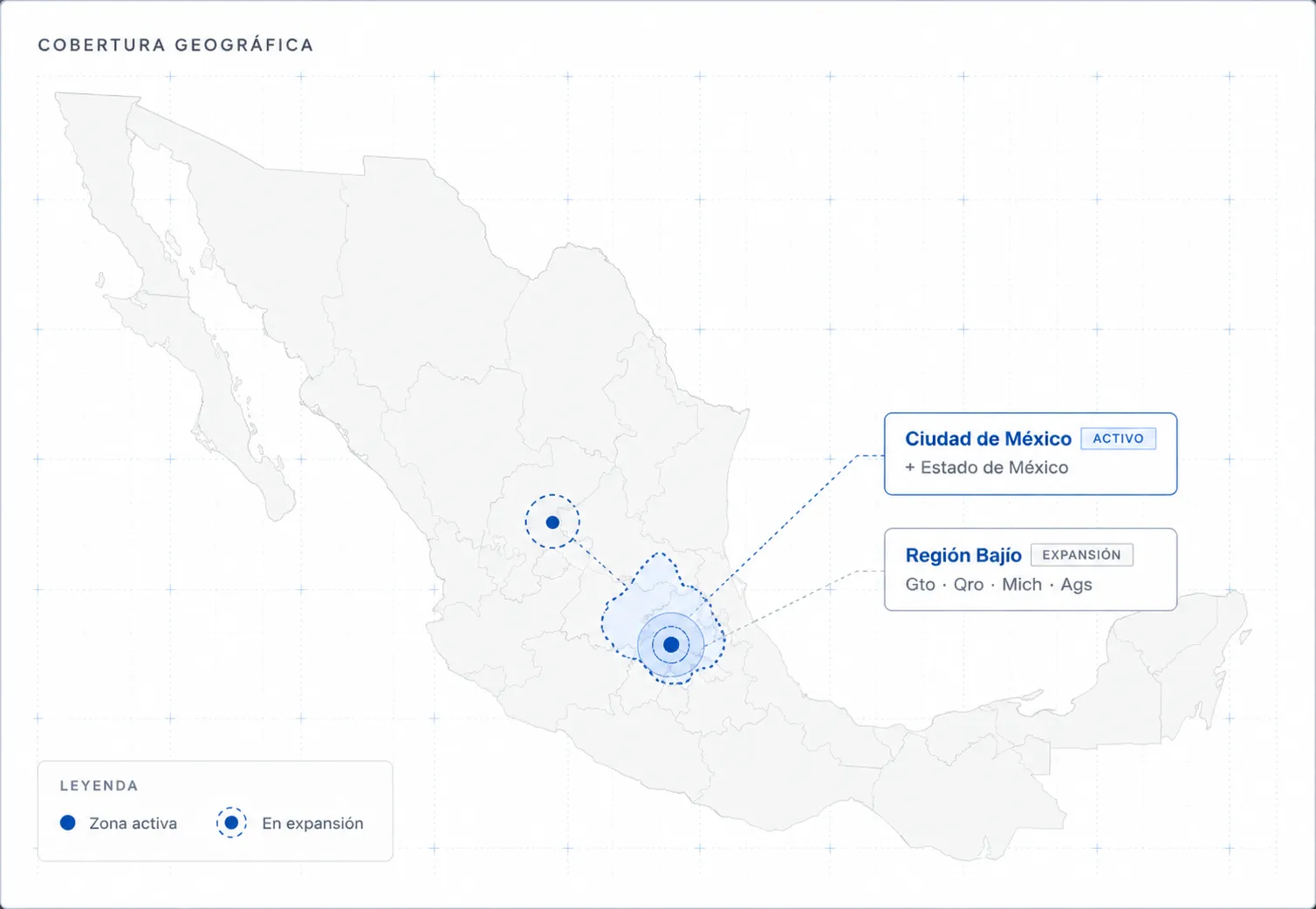 Mapa de cobertura de M&CAV en CDMX, Edomex, Bajío, Querétaro, Nuevo León y norte de México